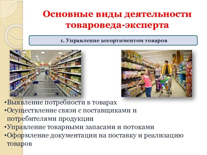 Основные виды деятельности товароведа-эксперта Выявление потребности в товарах Осуществление связи