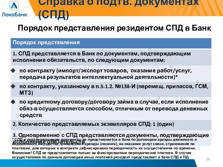 Справка о подтв. документах (СПД) Порядок представления резидентом СПД в