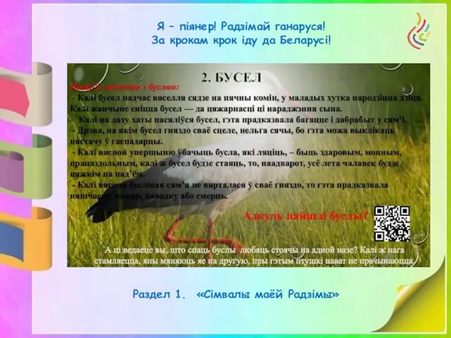 Я – піянер! Радзімай ганаруся! За крокам крок іду да Беларусі! Раздел 1. «Сімвалы маёй Радзімы»