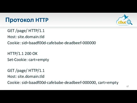 Протокол HTTP GET /page/ HTTP/1.1 Host: site.domain.tld Cookie: sid=baadf00d-cafebabe-deadbeef-000000 HTTP/1.1