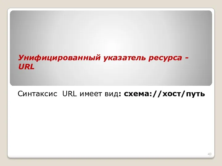 Синтаксис URL имеет вид: схема://хост/путь Унифицированный указатель ресурса - URL
