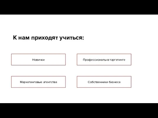 К нам приходят учиться: Новички Профессионалы в таргетинге Маркетинговые агентства Собственники бизнеса