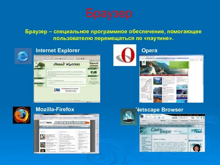 Браузер Internet Explorer Opera Mozilla-Firefox Netscape Browser Браузер – специальное