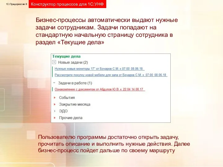 1С:Предприятие 8 Конструктор процессов для 1С:УНФ Бизнес-процессы автоматически выдают нужные