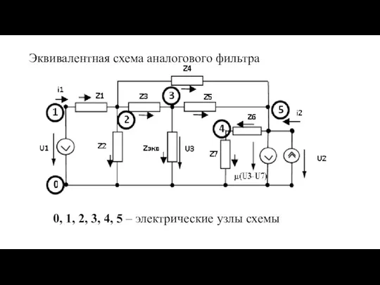Эквивалентная схема аналогового фильтра 0, 1, 2, 3, 4, 5 – электрические узлы схемы