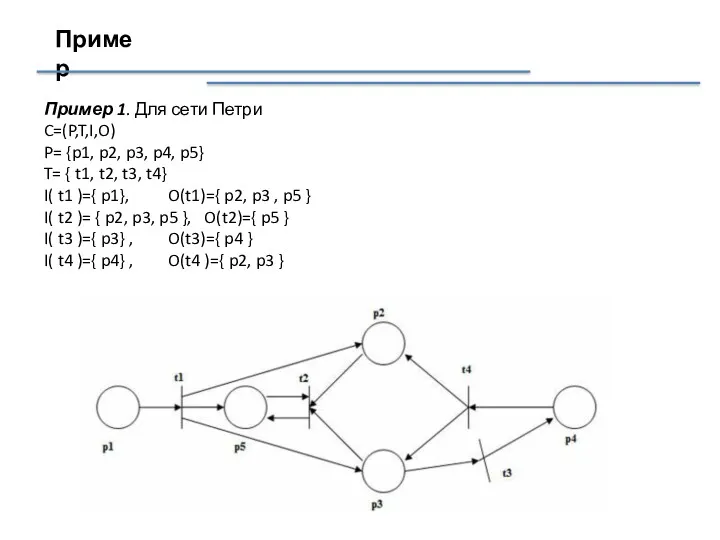 Пример Пример 1. Для сети Петри C=(P,T,I,O) P= {p1, p2,