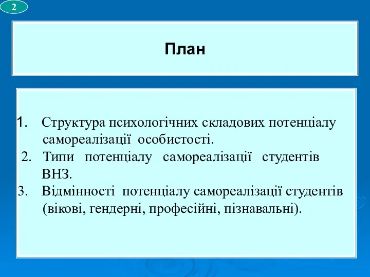 Структура психологічних складових потенціалу самореалізації особистості. 2. Типи потенціалу самореалізації