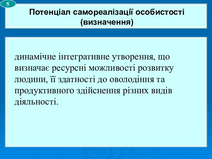 8 Потенціал самореалізації особистості (визначення) 5 динамічне інтегративне утворення, що