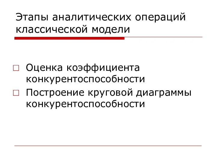 Этапы аналитических операций классической модели Оценка коэффициента конкурентоспособности Построение круговой диаграммы конкурентоспособности