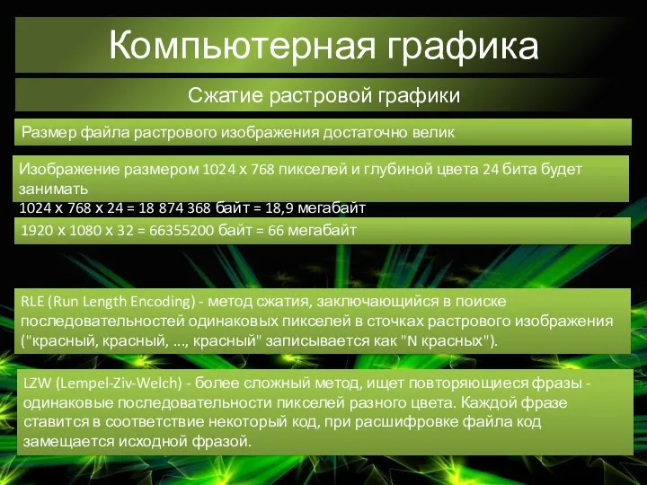 Компьютерная графика Сжатие растровой графики Размер файла растрового изображения достаточно