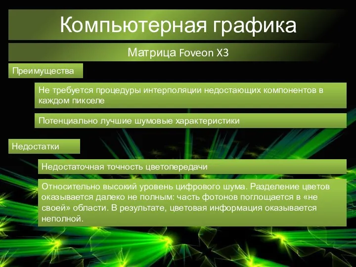 Компьютерная графика Матрица Foveon X3 Преимущества Не требуется процедуры интерполяции