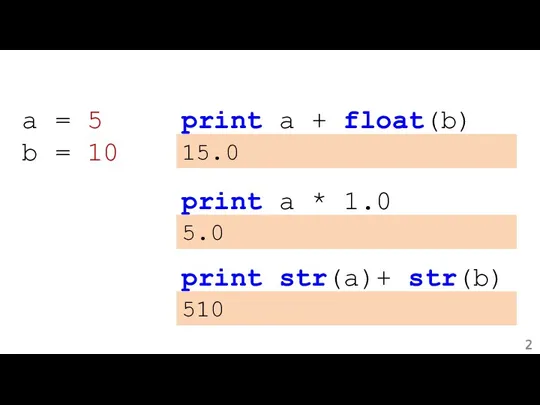 a = 5 b = 10 15.0 print a * 1.0 5.0 print