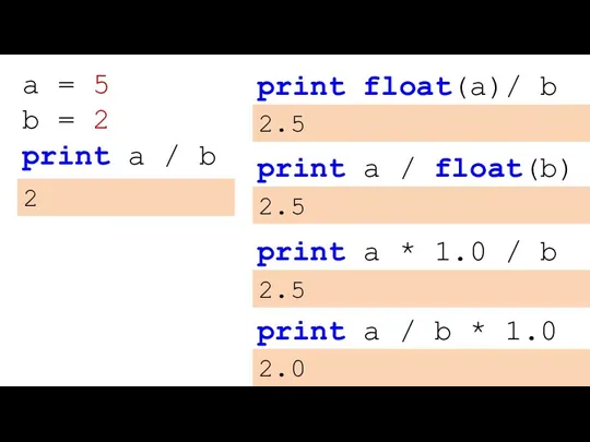 a = 5 b = 2 print a / b 2 print float(a)/