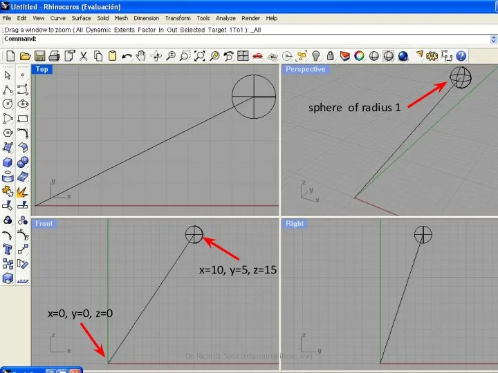 x=0, y=0, z=0 x=10, y=5, z=15 sphere of radius 1 Dr. Ricardo Sosa (rdsosam@itesm.mx)