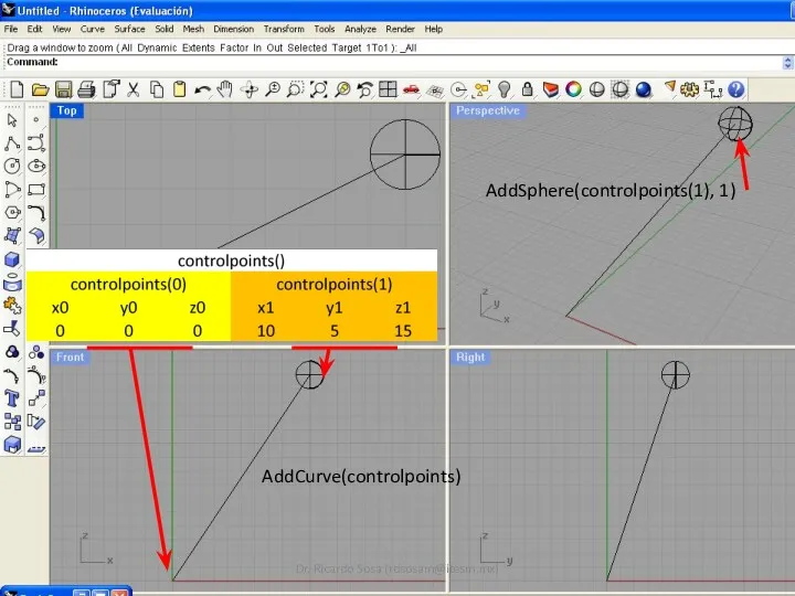 AddSphere(controlpoints(1), 1) AddCurve(controlpoints) Dr. Ricardo Sosa (rdsosam@itesm.mx)