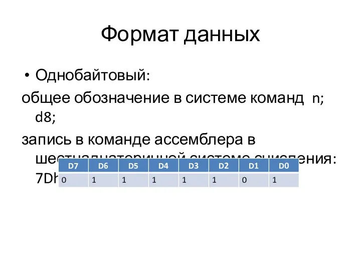 Формат данных Однобайтовый: общее обозначение в системе команд n; d8;