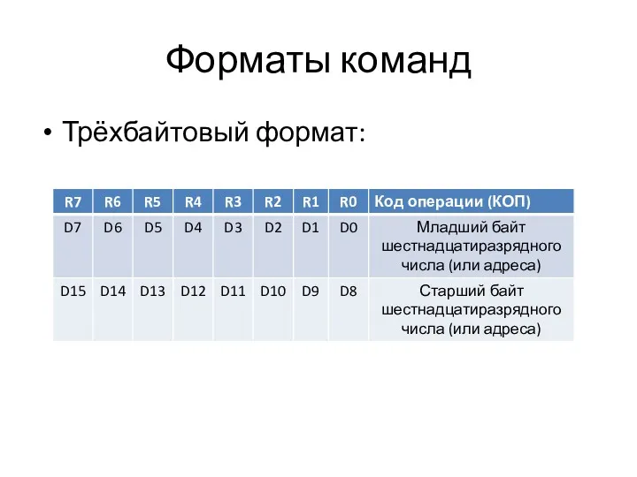 Форматы команд Трёхбайтовый формат: