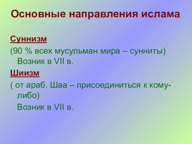 Основные направления ислама Суннизм (90 % всех мусульман мира –