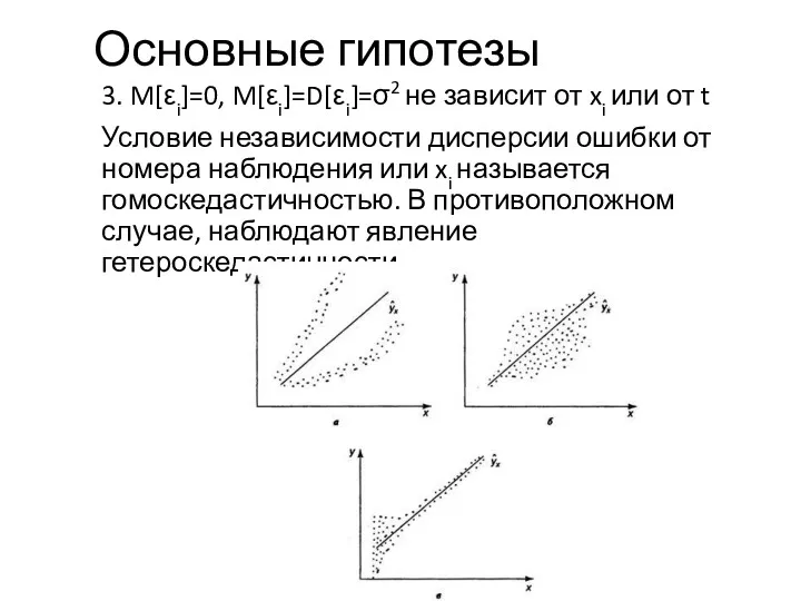 Основные гипотезы 3. M[εi]=0, M[εi]=D[εi]=σ2 не зависит от xi или