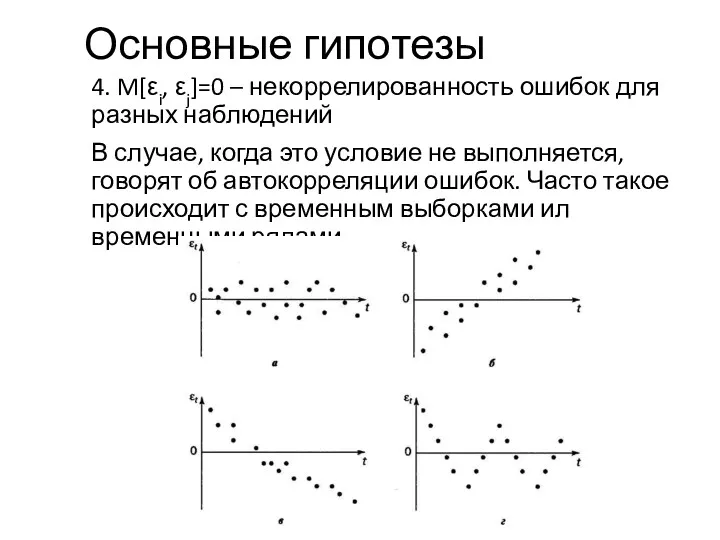 Основные гипотезы 4. M[εi, εj]=0 – некоррелированность ошибок для разных