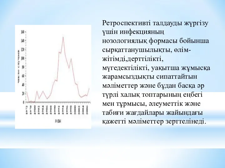 Ретроспективті талдауды жүргізу үшін инфекцияның нозологиялық формасы бойынша сырқаттанушылықты, өлім-жітімді,дерттілікті,