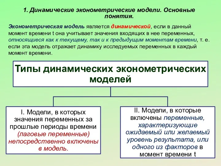 1. Динамические эконометрические модели. Основные понятия. Эконометрическая модель является динамической, если в данный