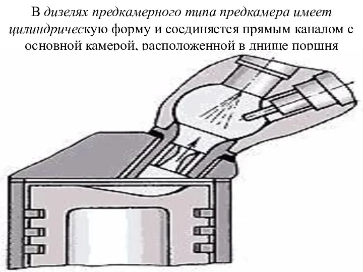 В дизелях предкамерного типа предкамера имеет цилиндрическую форму и соединяется