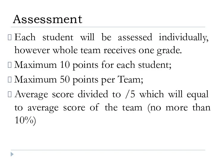 Each student will be assessed individually, however whole team receives