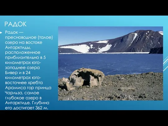 РАДОК Радок — пресноводное (талое) озеро на востоке Антарктиды, расположенное