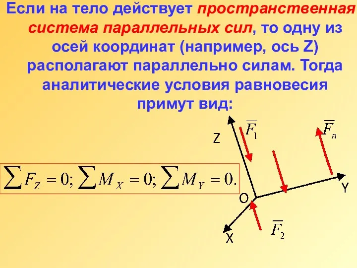 Если на тело действует пространственная система параллельных сил, то одну