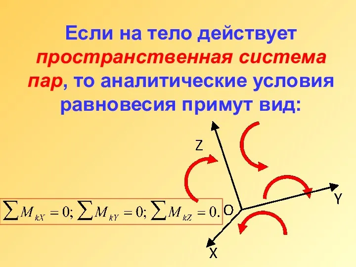 Если на тело действует пространственная система пар, то аналитические условия равновесия примут вид: