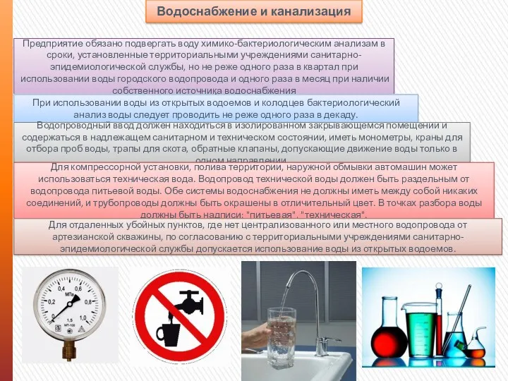 Водоснабжение и канализация Предприятие обязано подвергать воду химико-бактериологическим анализам в