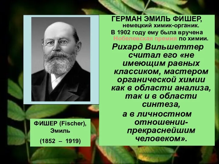 ГЕРМАН ЭМИЛЬ ФИШЕР, немецкий химик-органик. В 1902 году ему была