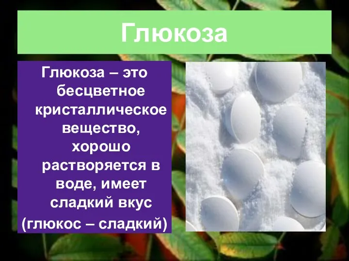 Глюкоза Глюкоза – это бесцветное кристаллическое вещество, хорошо растворяется в