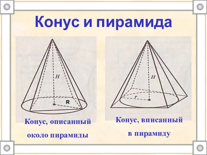 Конус и пирамида Конус, описанный около пирамиды Конус, вписанный в пирамиду R