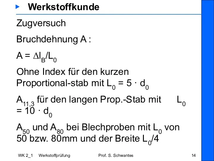 WK 2_1 Werkstoffprüfung Prof. S. Schwantes ▶ Werkstoffkunde Zugversuch Bruchdehnung