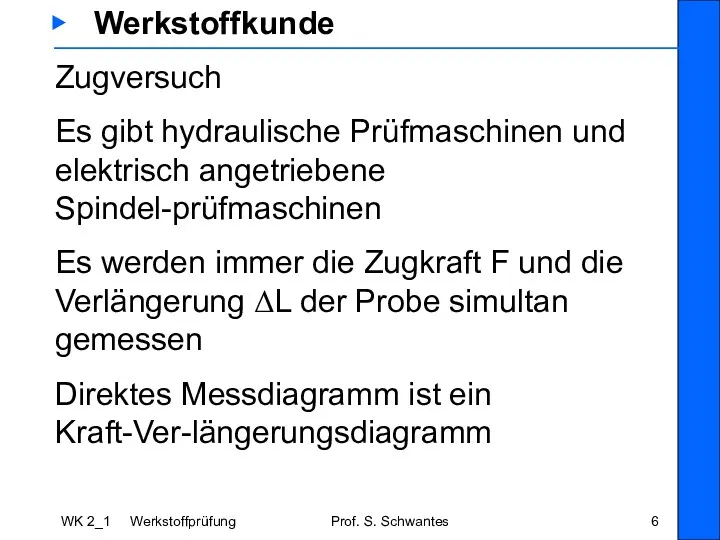 WK 2_1 Werkstoffprüfung Prof. S. Schwantes ▶ Werkstoffkunde Zugversuch Es