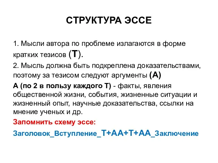 СТРУКТУРА ЭССЕ 1. Мысли автора по проблеме излагаются в форме