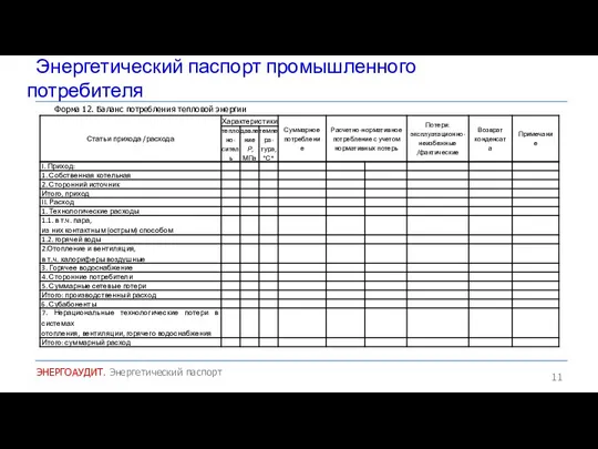 Энергетический паспорт промышленного потребителя ЭНЕРГОАУДИТ. Энергетический паспорт Форма 12. Баланс потребления тепловой энергии