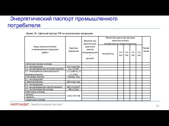 Энергетический паспорт промышленного потребителя ЭНЕРГОАУДИТ. Энергетический паспорт Форма 18. Удельный расход ТЭР на выпускаемую продукцию