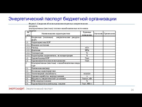 Энергетический паспорт бюджетной организации ЭНЕРГОАУДИТ. Энергетический паспорт Форма 9. Сведения