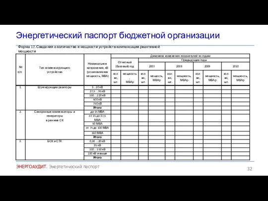 Энергетический паспорт бюджетной организации ЭНЕРГОАУДИТ. Энергетический паспорт Форма 17. Сведения