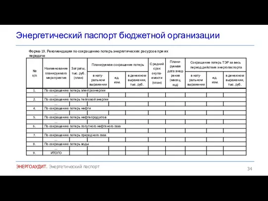 Энергетический паспорт бюджетной организации ЭНЕРГОАУДИТ. Энергетический паспорт Форма 19. Рекомендации