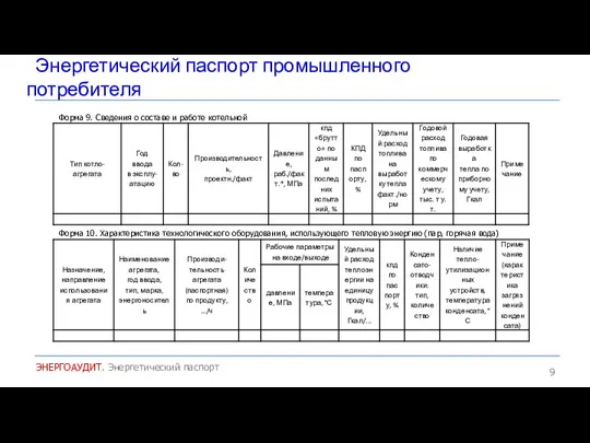 Энергетический паспорт промышленного потребителя ЭНЕРГОАУДИТ. Энергетический паспорт Форма 9. Сведения