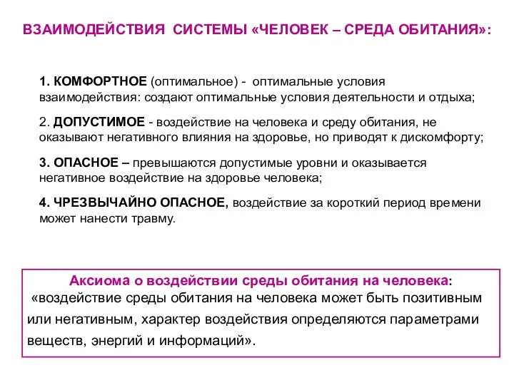 ВЗАИМОДЕЙСТВИЯ СИСТЕМЫ «ЧЕЛОВЕК – СРЕДА ОБИТАНИЯ»: 1. КОМФОРТНОЕ (оптимальное) -