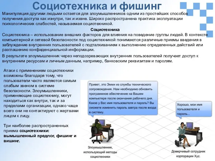 Социотехника и фишинг Манипуляция другими людьми остается для злоумышленников одним