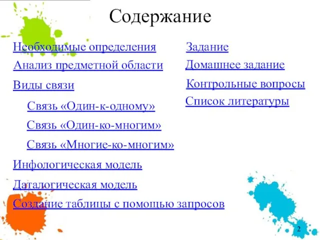 Содержание Необходимые определения Анализ предметной области Виды связи Задание Домашнее