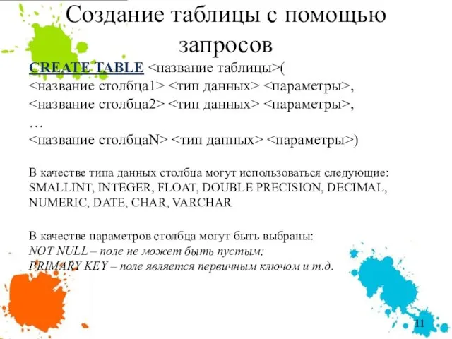 Создание таблицы с помощью запросов CREATE TABLE ( , ,