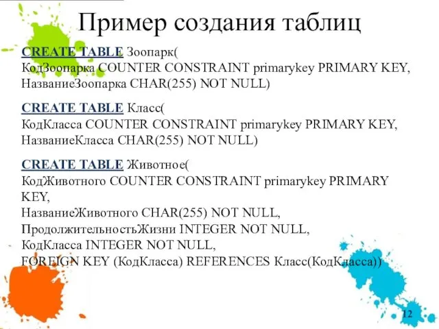 Пример создания таблиц CREATE TABLE Зоопарк( КодЗоопарка COUNTER CONSTRAINT primarykey