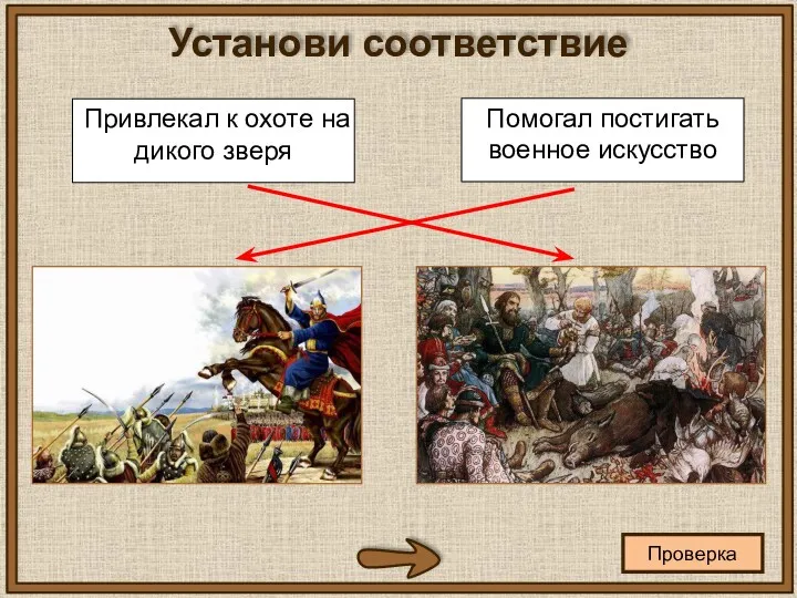 Проверка Установи соответствие Привлекал к охоте на дикого зверя Помогал постигать военное искусство